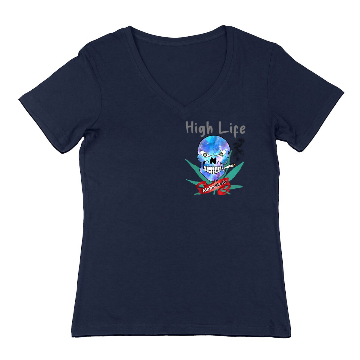 Image front Women's - HIGH LIFE - V-Neck T-Shirt - Blue Cosmos Skull with Cannabis Leaves Smoking a Jo