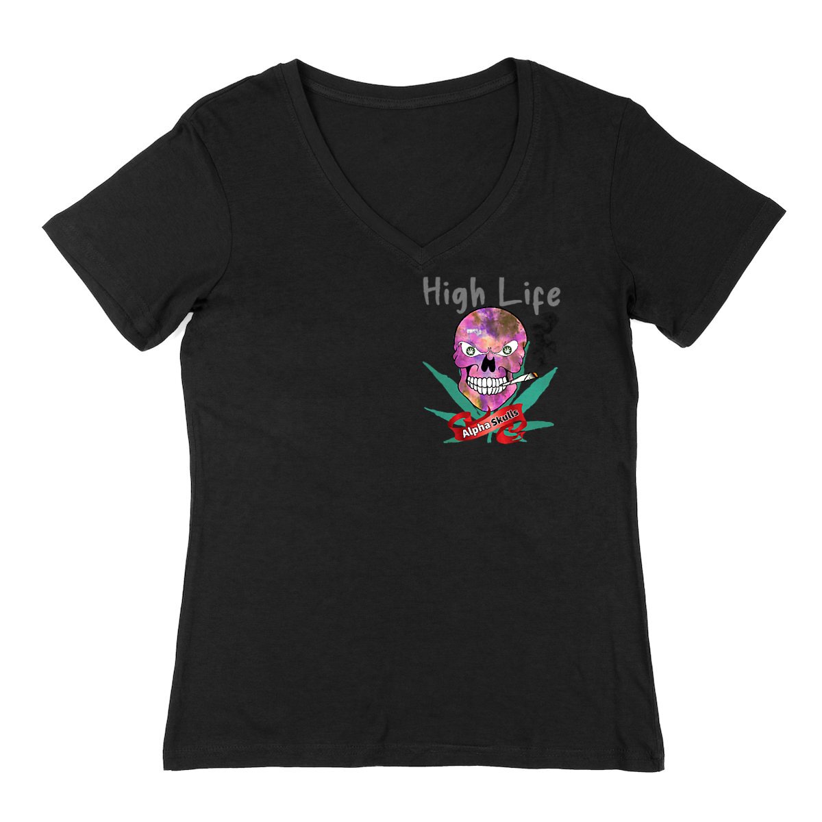 Image back Women's - HIGH LIFE - V-Neck T-Shirt - Pink Smoke Skull with Cannabis Leaves Smoking a Joi