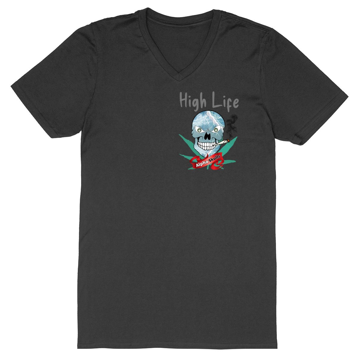 Image back Men's - HIGH LIFE - V-Neck T-Shirt - Lightening Skull with Cannabis Leaves Smoking a Joint