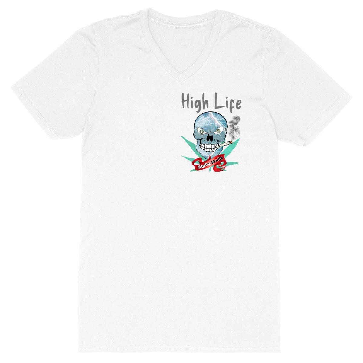 Image front Men's - HIGH LIFE - V-Neck T-Shirt - Lightening Skull with Cannabis Leaves Smoking a Joint