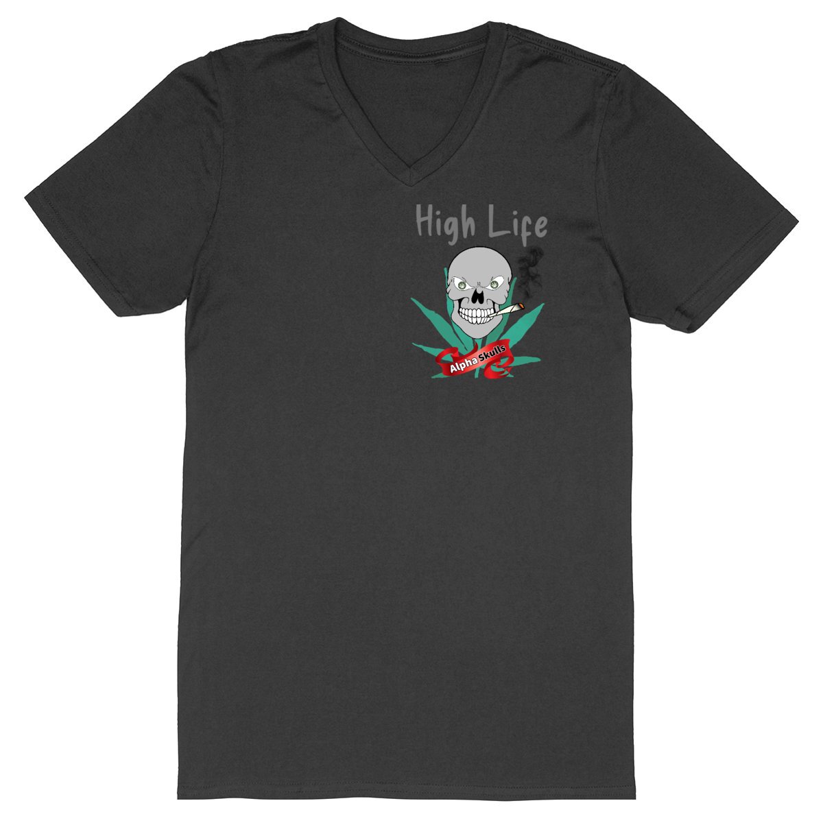 Image back Men's - HIGH LIFE - V-Neck T-Shirt - Grey Skull with Cannabis Leaves Smoking a Joint.