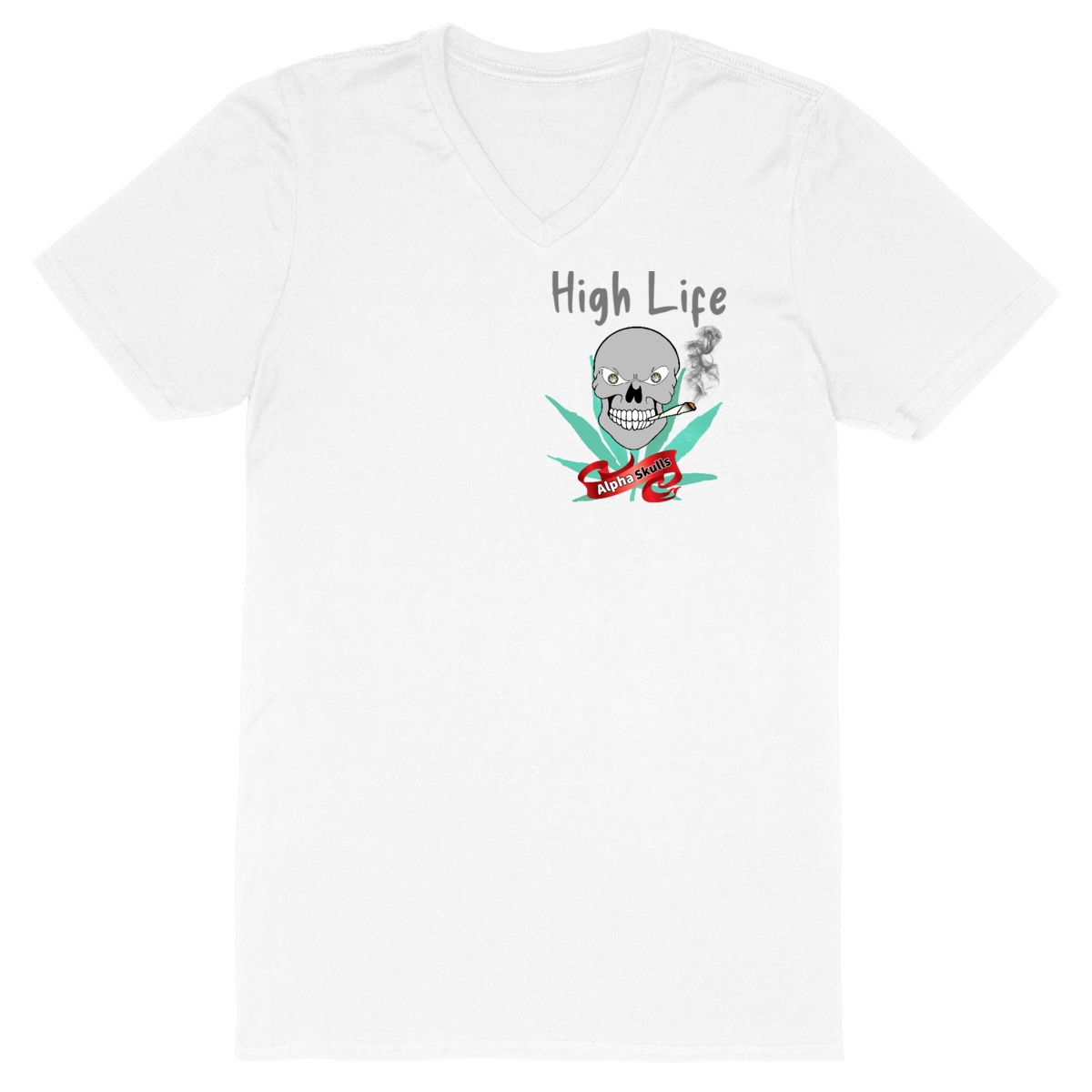 Image front Men's - HIGH LIFE - V-Neck T-Shirt - Grey Skull with Cannabis Leaves Smoking a Joint.