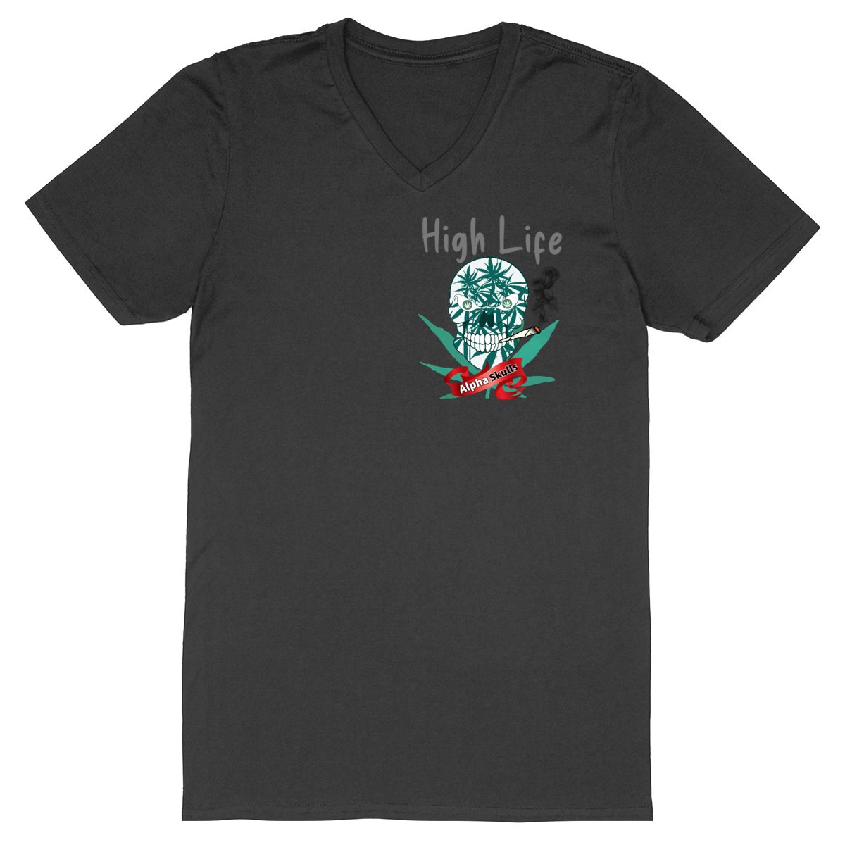 Image back Men's - HIGH LIFE - V-Neck T-Shirt - Weed Plant Skull 