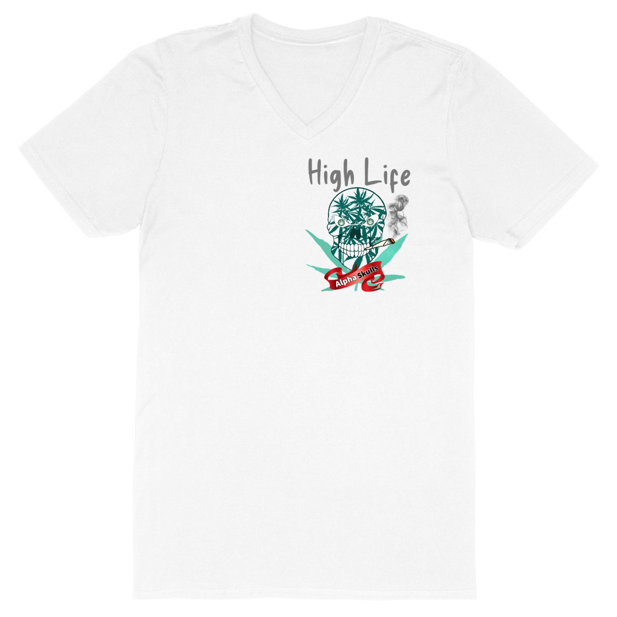 Image front Men's - HIGH LIFE - V-Neck T-Shirt - Weed Plant Skull 