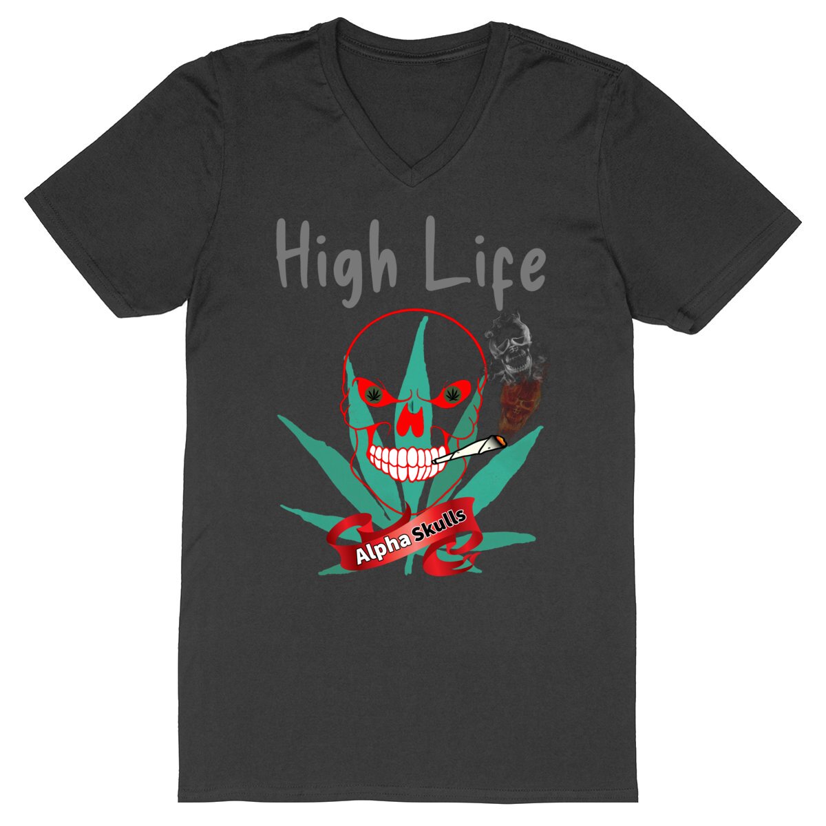 Image back Men's - HIGH LIFE - V-Neck T-Shirt -Original Red Skull with Cannabis Leaf Smoking a Joint