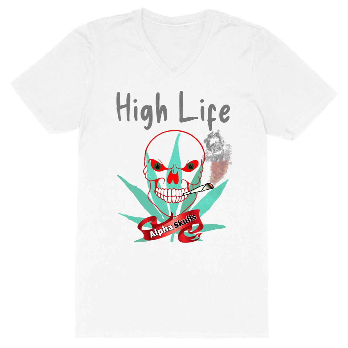 Image front Men's - HIGH LIFE - V-Neck T-Shirt -Original Red Skull with Cannabis Leaf Smoking a Joint