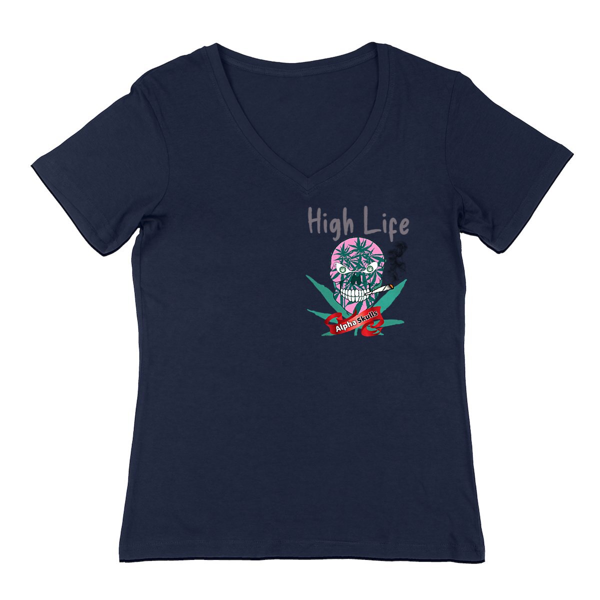 Image front Women's - HIGH LIFE - V-Neck T-Shirt - Pink Skull with Cannabis Leaves Smoking a Joint