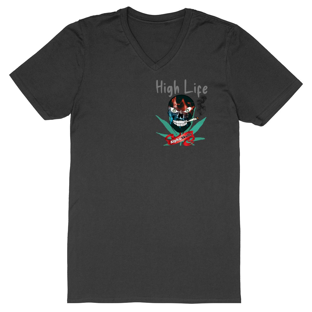 Image back Men's - HIGH LIFE - V-Neck T-Shirt - Red\ Blue\Black Skull with Cannabis Leaf