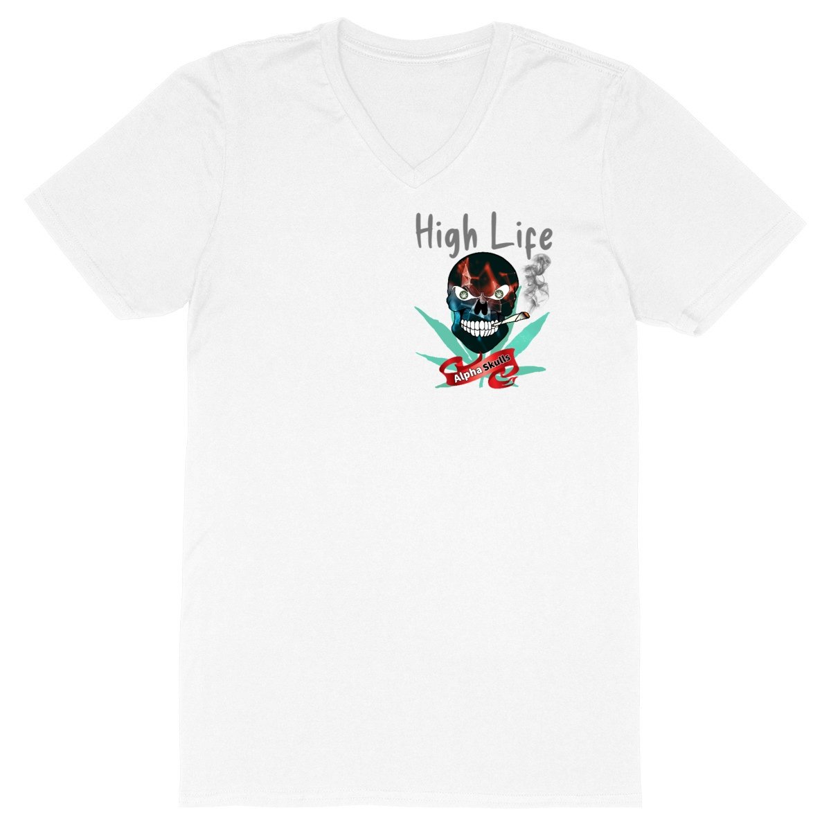 Image front Men's - HIGH LIFE - V-Neck T-Shirt - Red\ Blue\Black Skull with Cannabis Leaf