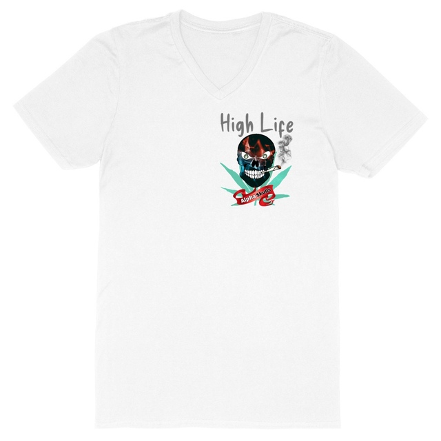Image front Men's - HIGH LIFE - V-Neck T-Shirt - Red\ Blue\Black Skull with Cannabis Leaf