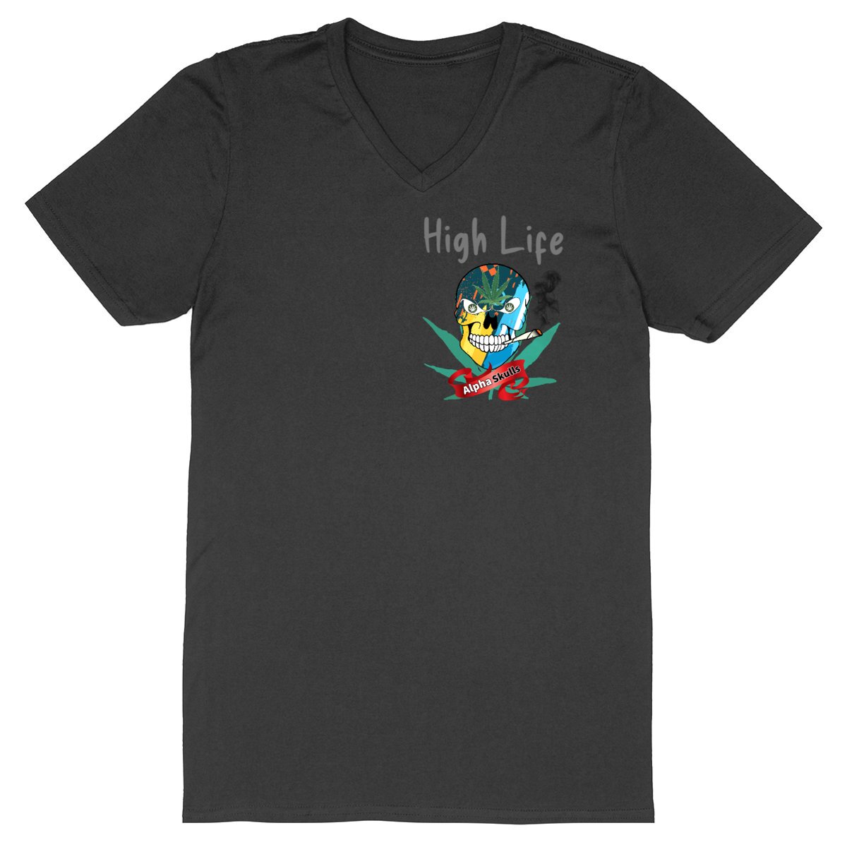 Image back Men's - HIGH LIFE - V-Neck T-Shirt - Abstract Skull with Cannabis Leaves Smoking a Joint