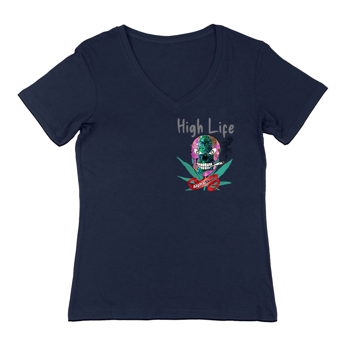 Image front Women's - HIGH LIFE - V-Neck T-Shirt - Purple Haze Pink Smoke Skull with Cannabis Leaf