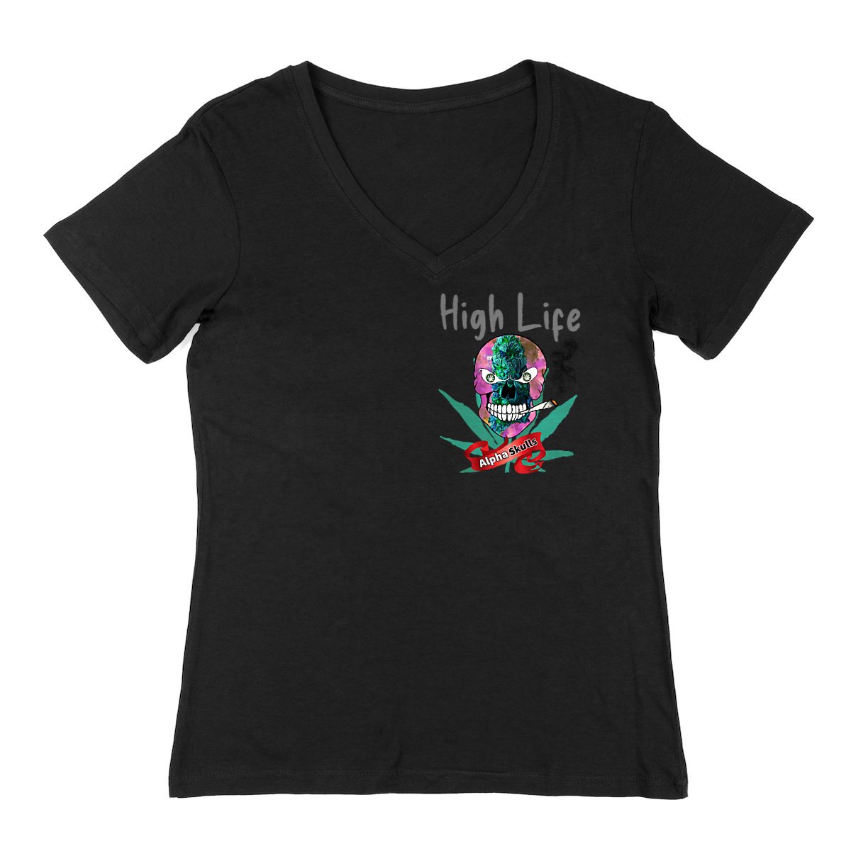 Image back Women's - HIGH LIFE - V-Neck T-Shirt - Purple Haze Pink Smoke Skull with Cannabis Leaf