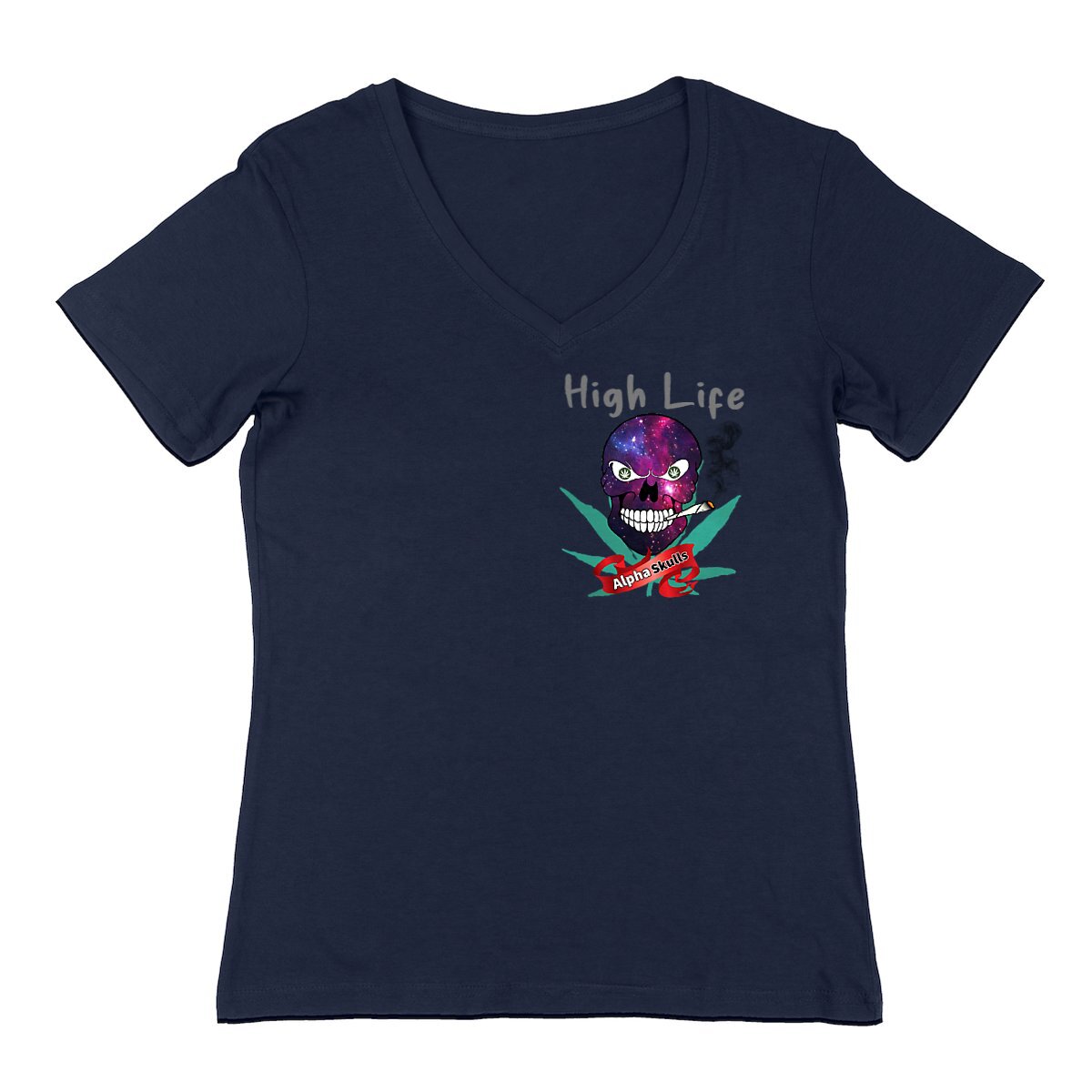 Image front Women's - HIGH LIFE - V-Neck T-Shirt - Purple Cosmos Skull with Cannabis Leaves Smoking a 