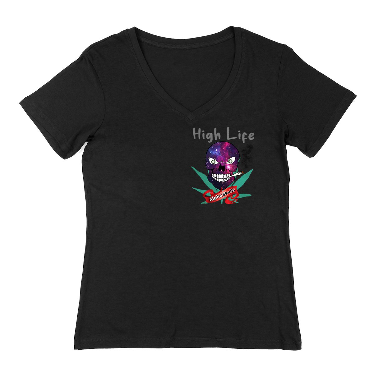 Image back Women's - HIGH LIFE - V-Neck T-Shirt - Purple Cosmos Skull with Cannabis Leaves Smoking a 