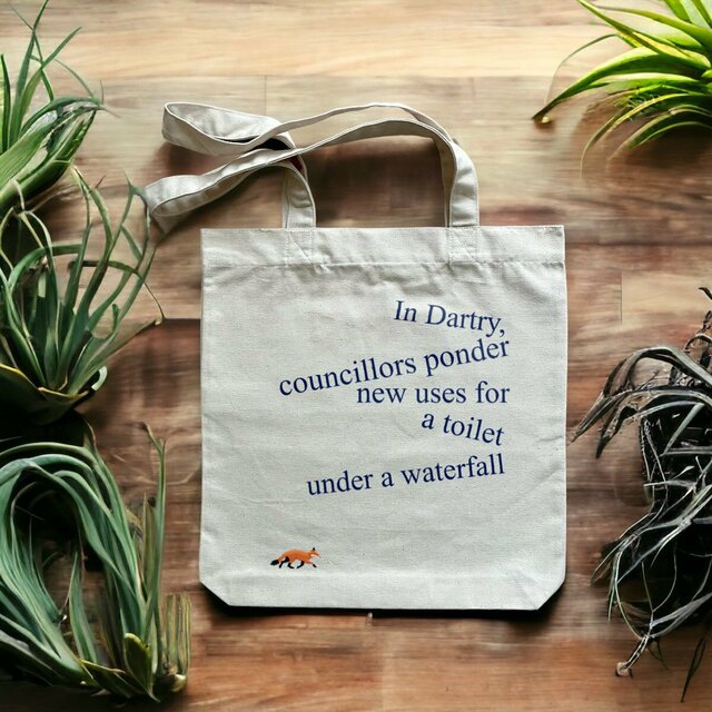 Headline tote bag: "Waterfall toilet"