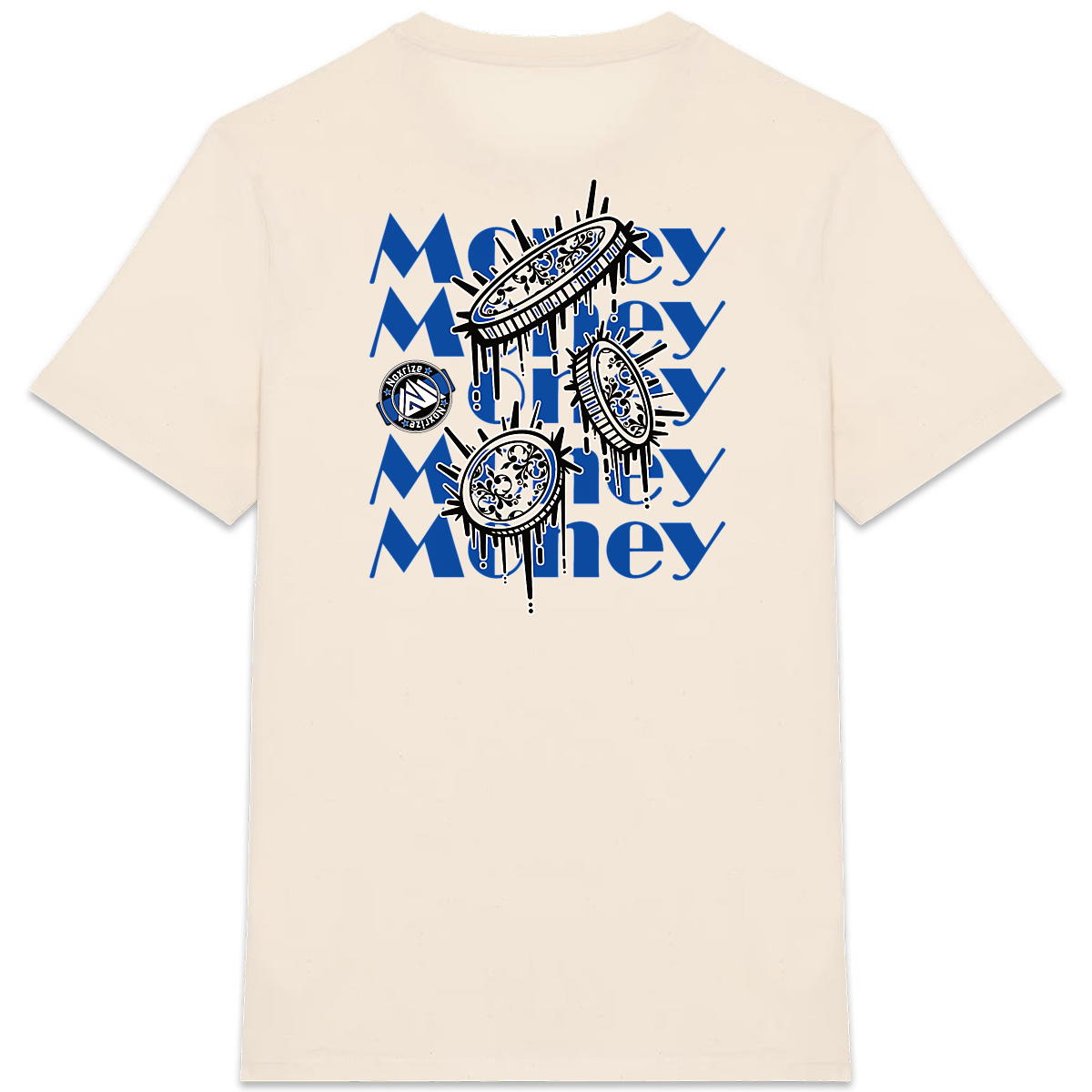 Image front T-shirt épais unisexe « Raining coins » beige design bleu (Noxrize)