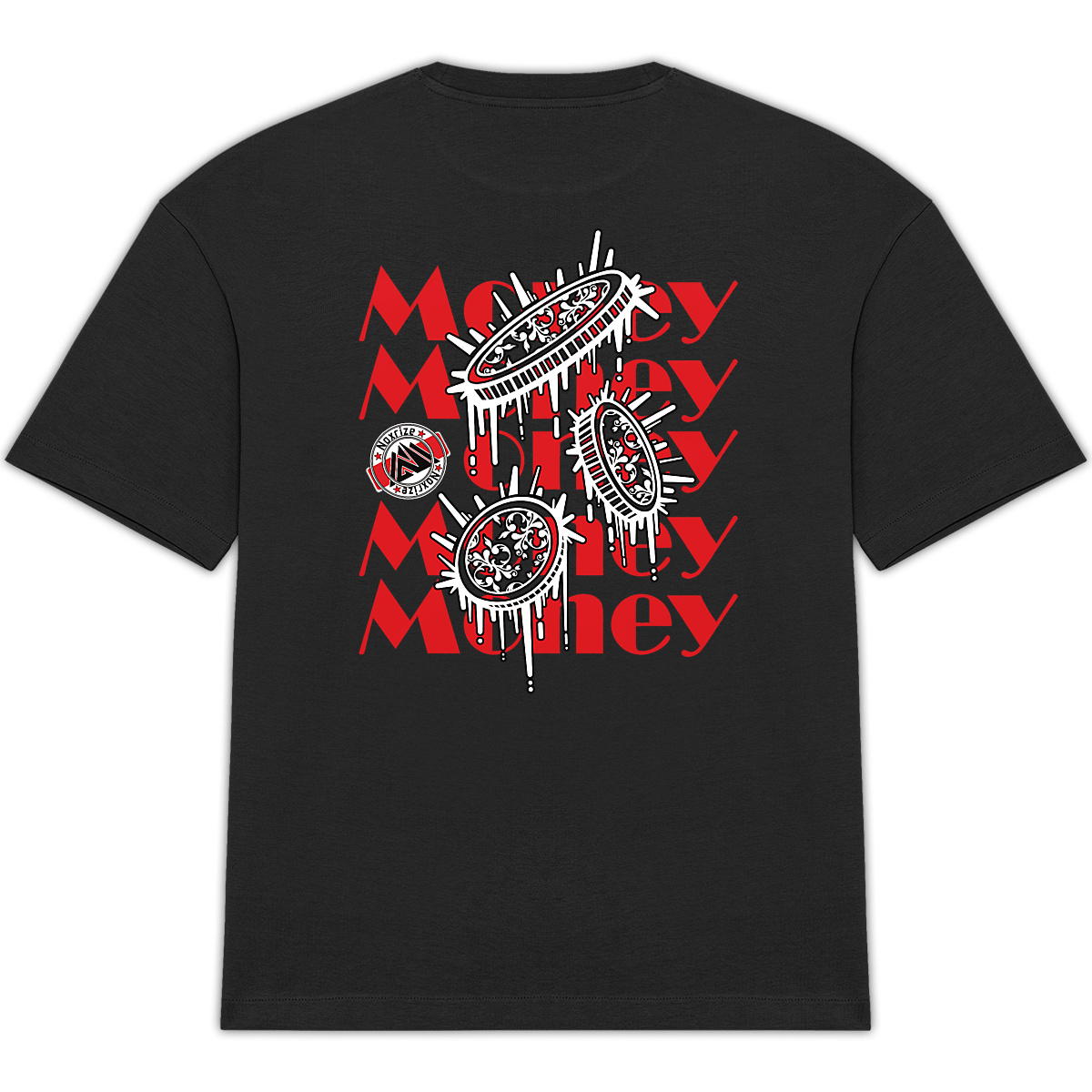 Image front T-shirt oversized unisexe « Raining coins » noir design rouge (Noxrize)