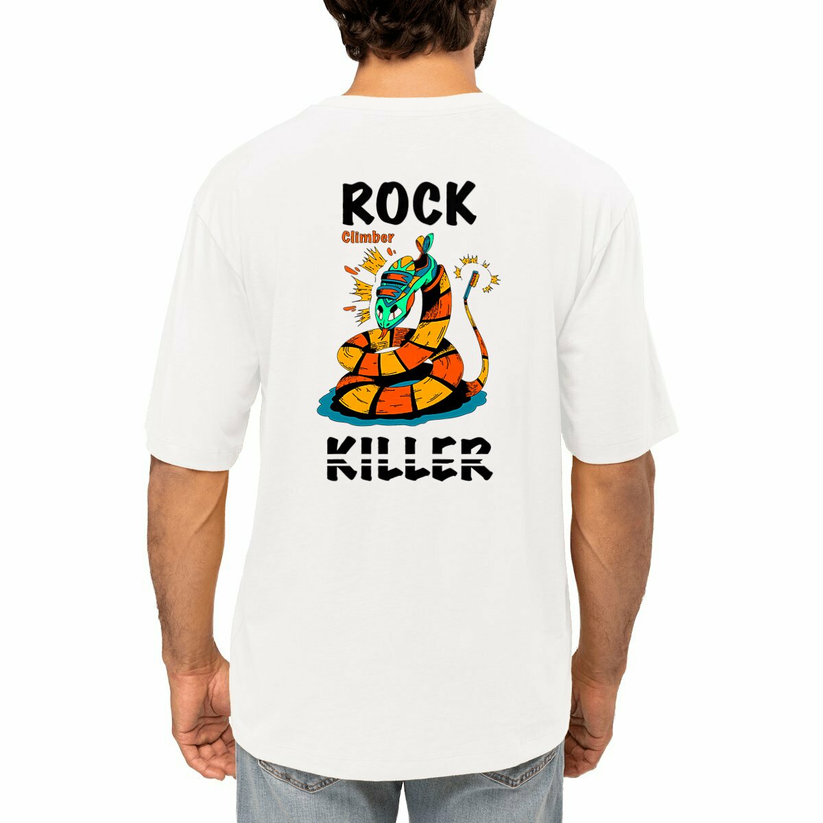 Image front T-shirt oversized unisexe « Rock killer » blanc (Noxrize escalade)