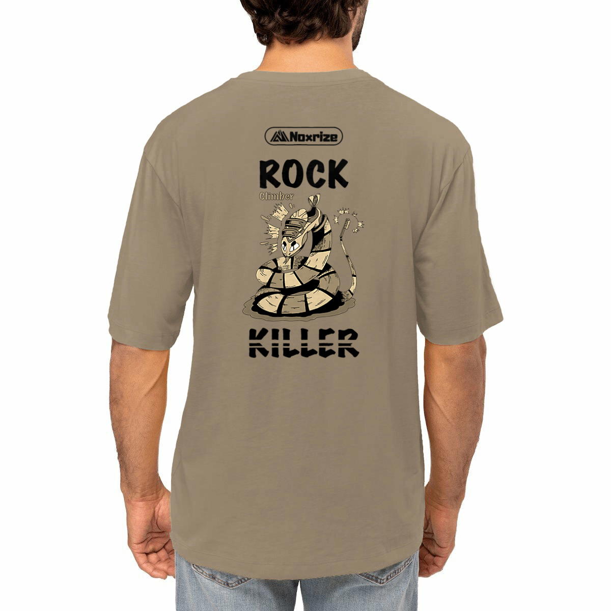 Image front T-shirt oversized unisexe « Rock killer » taupe impression dos (Noxrize escalade)