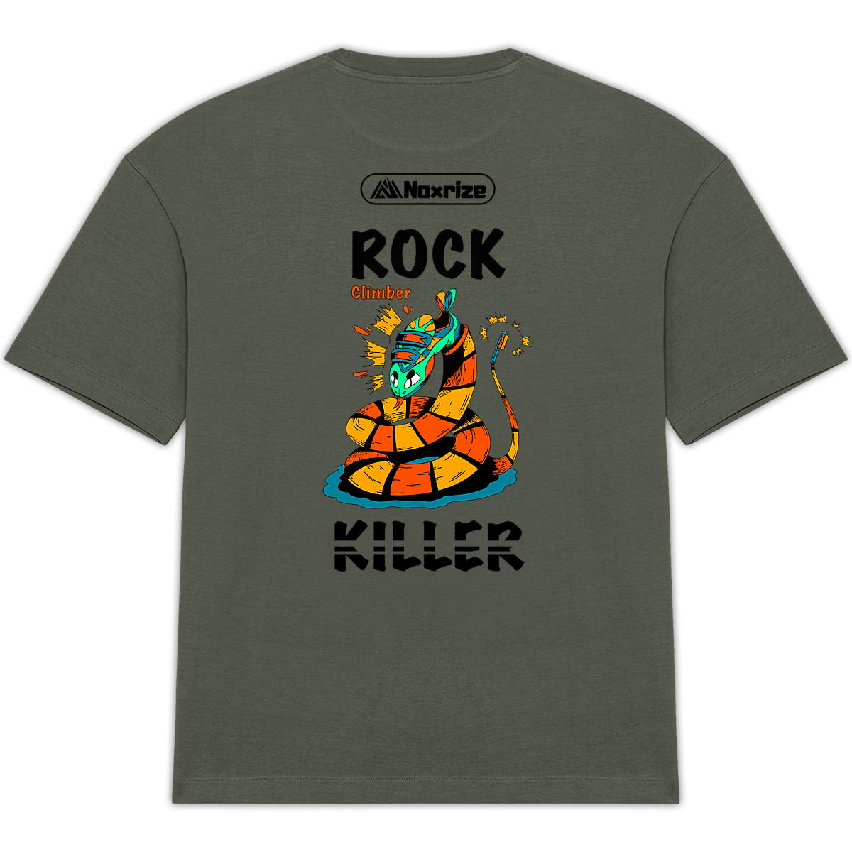 Image back T-shirt oversized unisexe « Rock killer » kaki impression dos (Noxrize escalade)