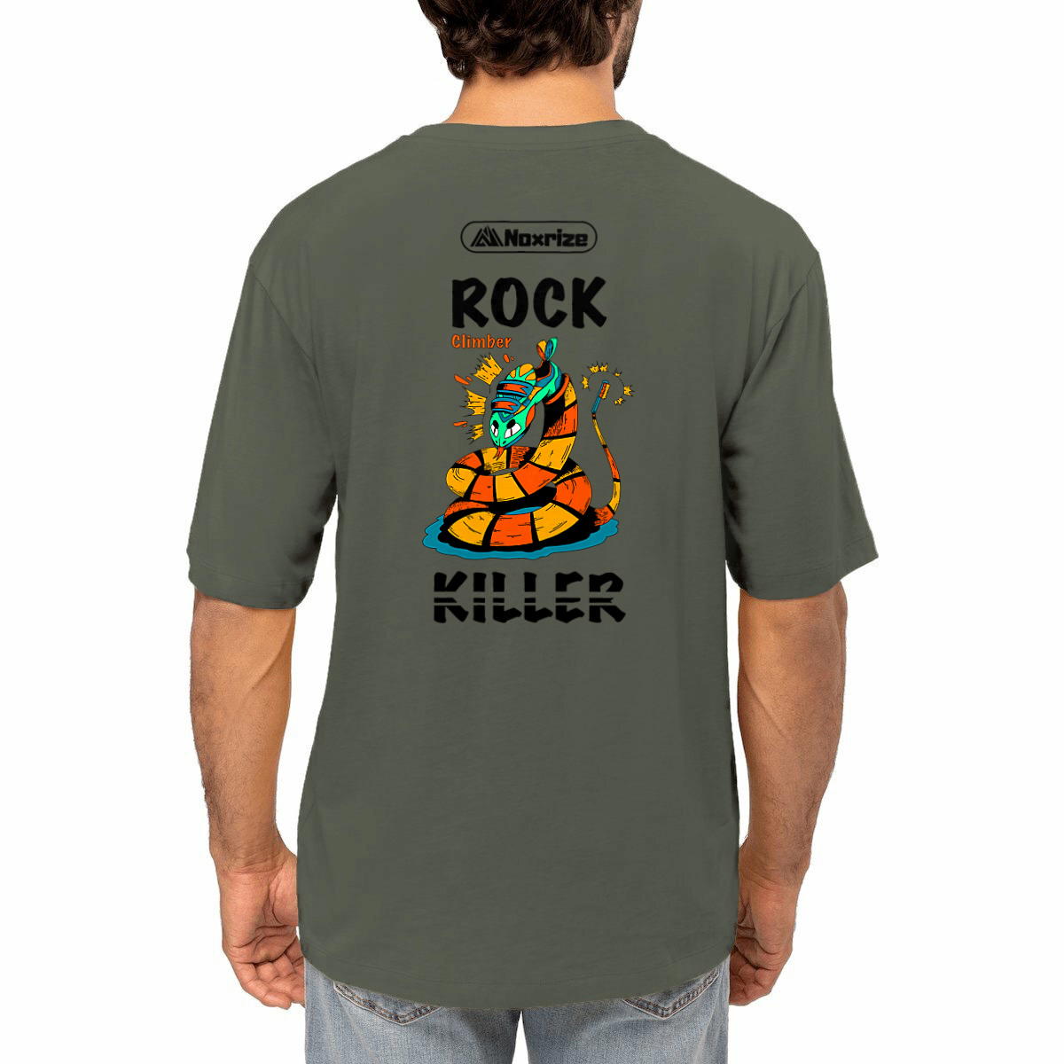 Image front T-shirt oversized unisexe « Rock killer » kaki impression dos (Noxrize escalade)