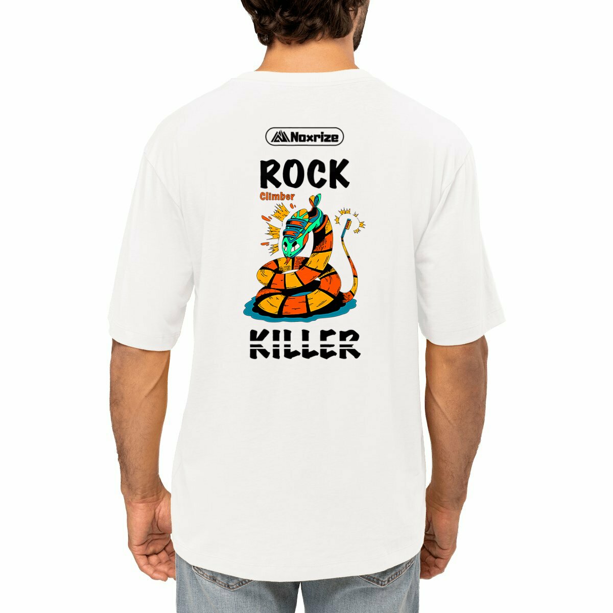 Image front T-shirt oversized unisexe « Rock killer » blanc impression dos (Noxrize escalade)