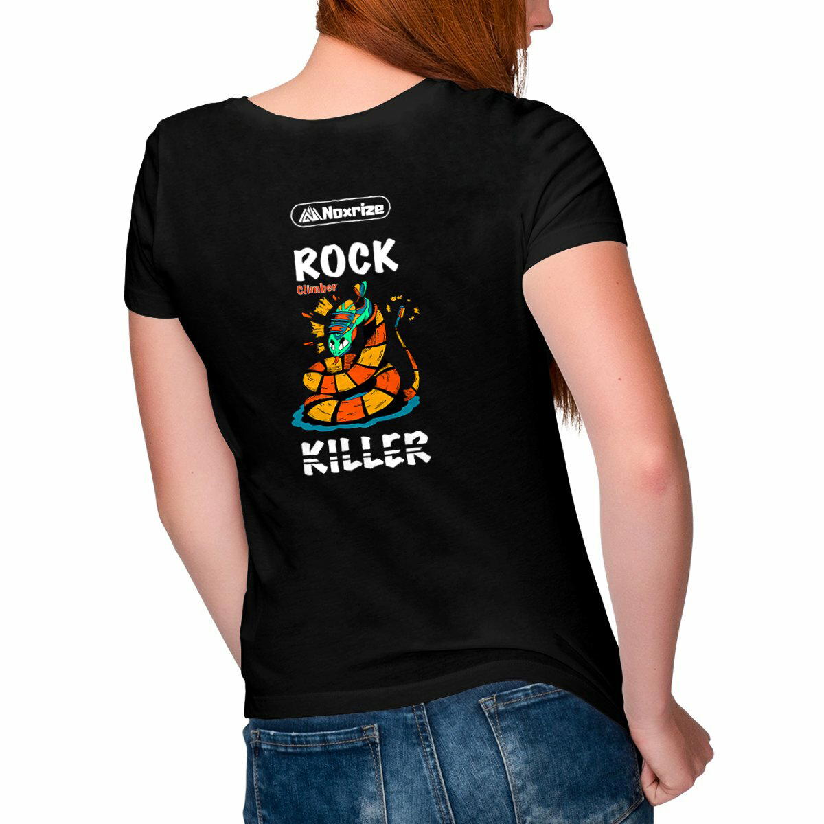 Image front T-shirt femme col V « Rock killer » noir (Noxrize escalade)