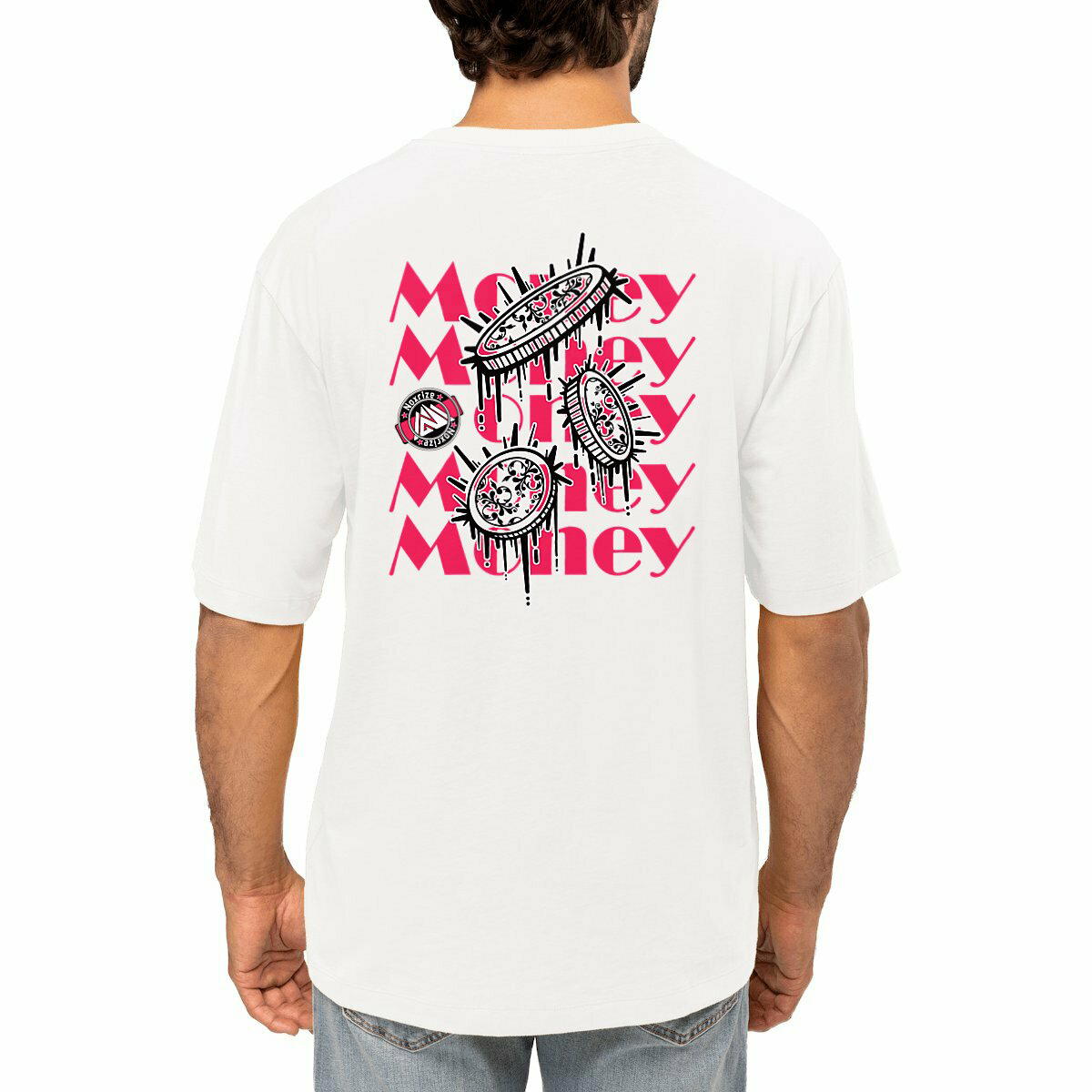 Image front T-shirt oversized unisexe « Raining coins » blanc design rose (Noxrize)