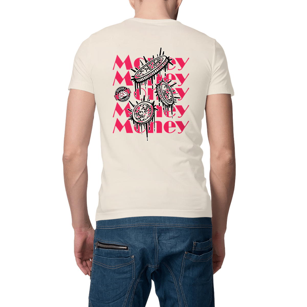 Image front T-shirt épais unisexe « Raining coins » beige design rose (Noxrize)