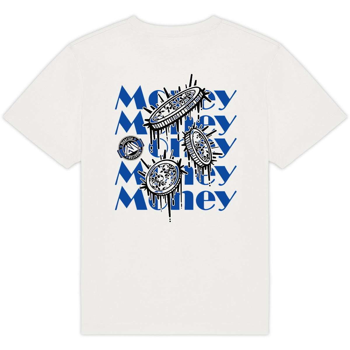 Image front T-shirt oversized unisexe « Raining coins » blanc design bleu (Noxrize)