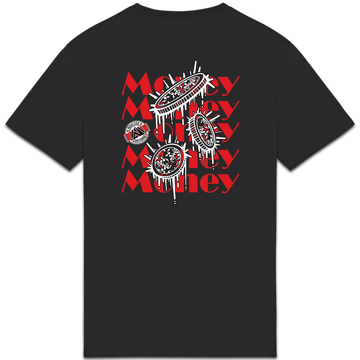 Image front T-shirt épais unisexe « Raining coins » noir design rouge (Noxrize)