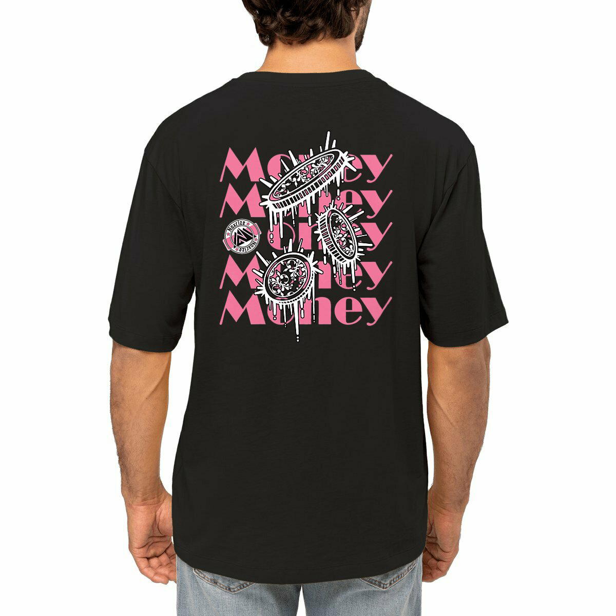 Image front T-shirt oversized unisexe « Raining coins » noir design rose (Noxrize)