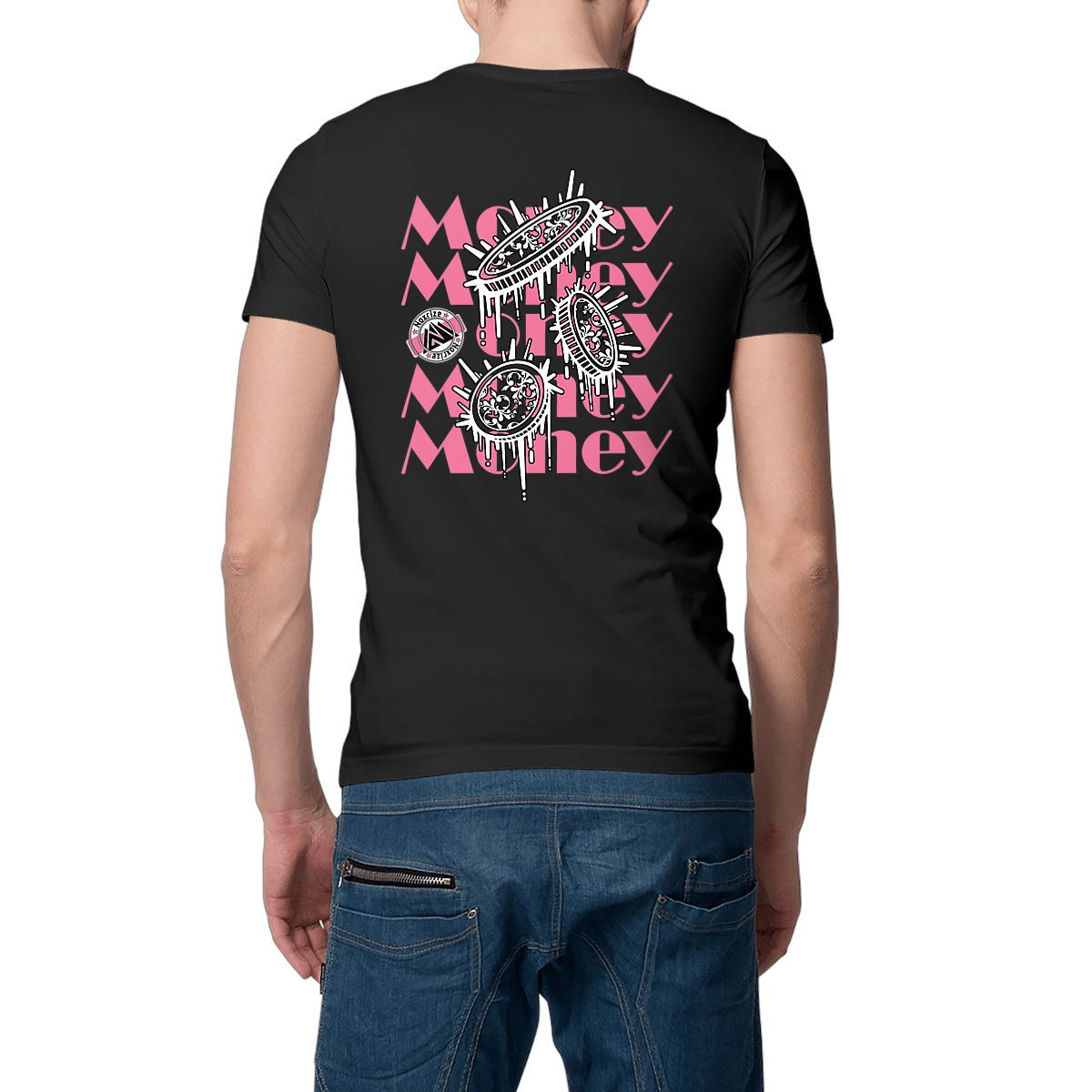 Image front T-shirt épais unisexe « Raining coins » noir design rose (Noxrize)