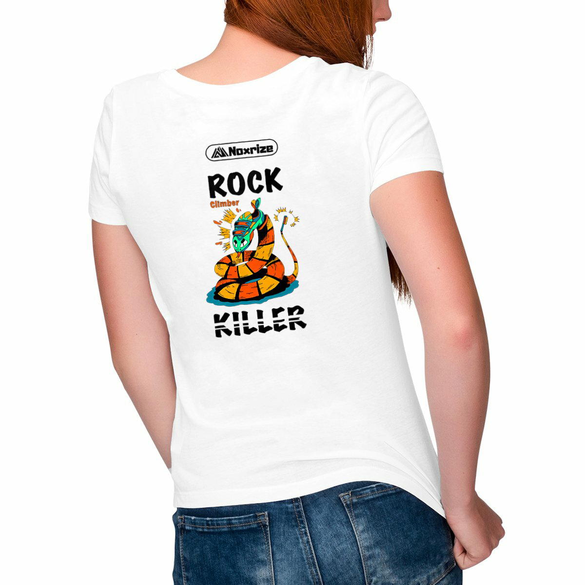 Image front T-shirt femme col V « Rock killer » blanc (Noxrize escalade)