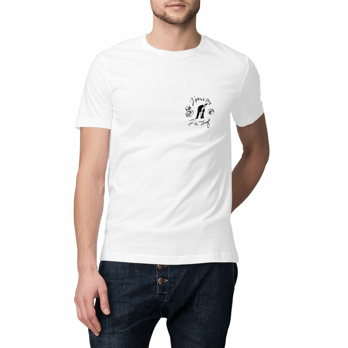 Image front T-shirt unisexe classique blanc "J'peux pas J'ai Tango" version 2 noir et blanc