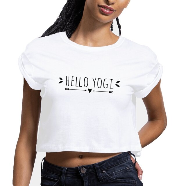Image front crop top  hello yogi