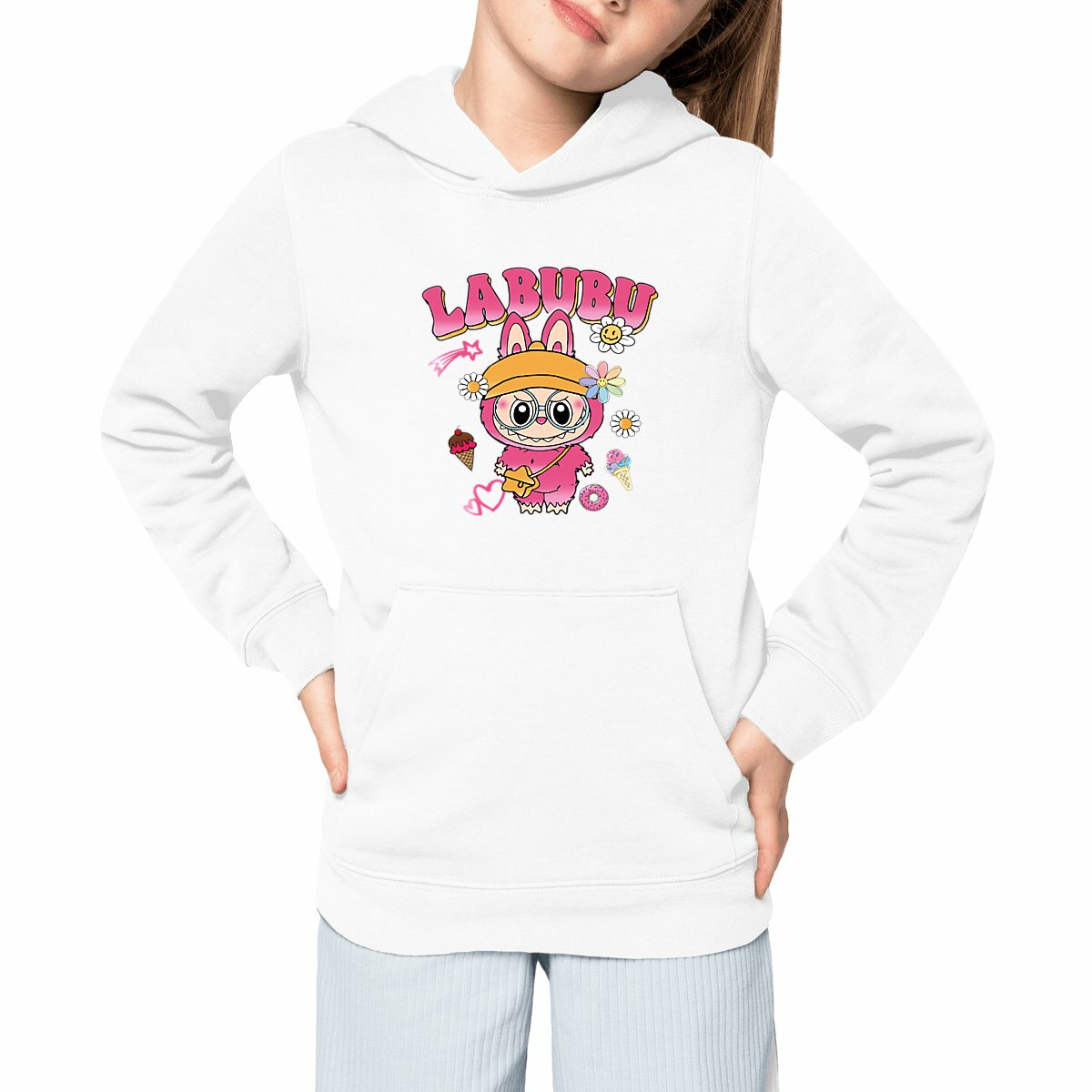 Image front Sweat à capuche Léger Enfant - Doux Blanc avec Labubu Rose