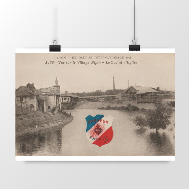 Image front Affiche LYON - Exposition de 1914 - Vue sur le Village Alpin - Le Lac et l'Eglise - 1915