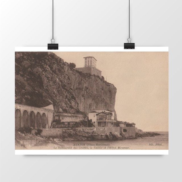 Image front Affiche MENTON - Le Restaurant des Grottes, le Casino et l'Hôtel Miramar - 1916