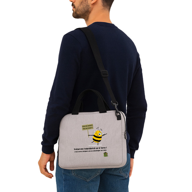 Image front Sac gris chiné - écoresponsable - pour ordinateur portable - modèle "slogans"