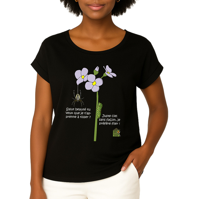 Image du produit T-shirt manches à revers - femme - "Araignée et chenille" (noir)