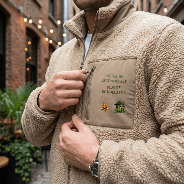 Image front Veste en sherpa - femme ou homme - "Moins de bétonneuses"
