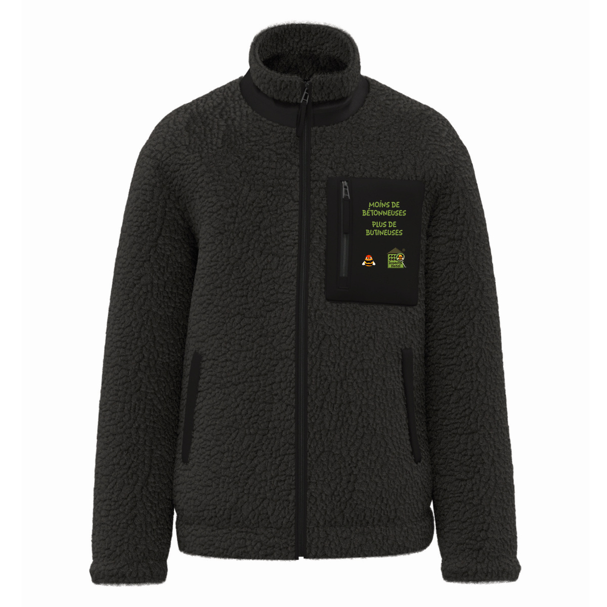 Image front Veste en sherpa - femme ou homme - "Moins de bétonneuses"