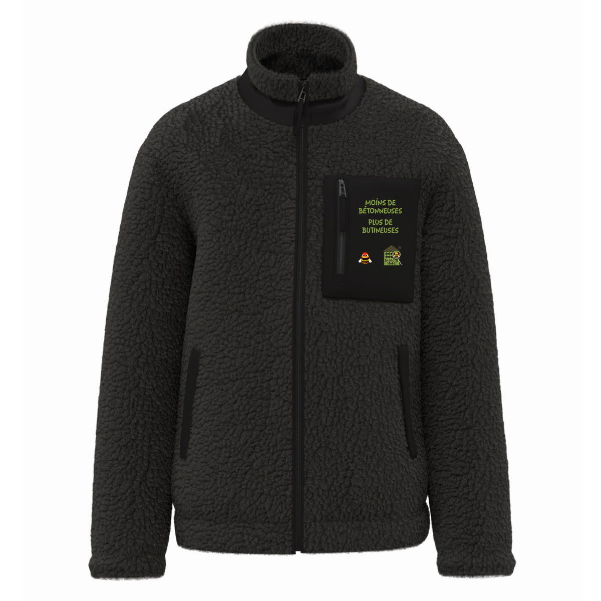 Image front Veste en sherpa - femme ou homme - "Moins de bétonneuses"