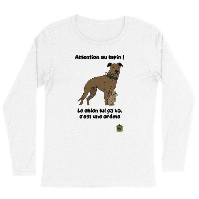 Image back T-shirt manches longues - femme - "Attention au lapin" - blanc