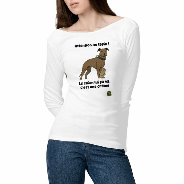 Image front T-shirt manches longues - femme - "Attention au lapin" - blanc