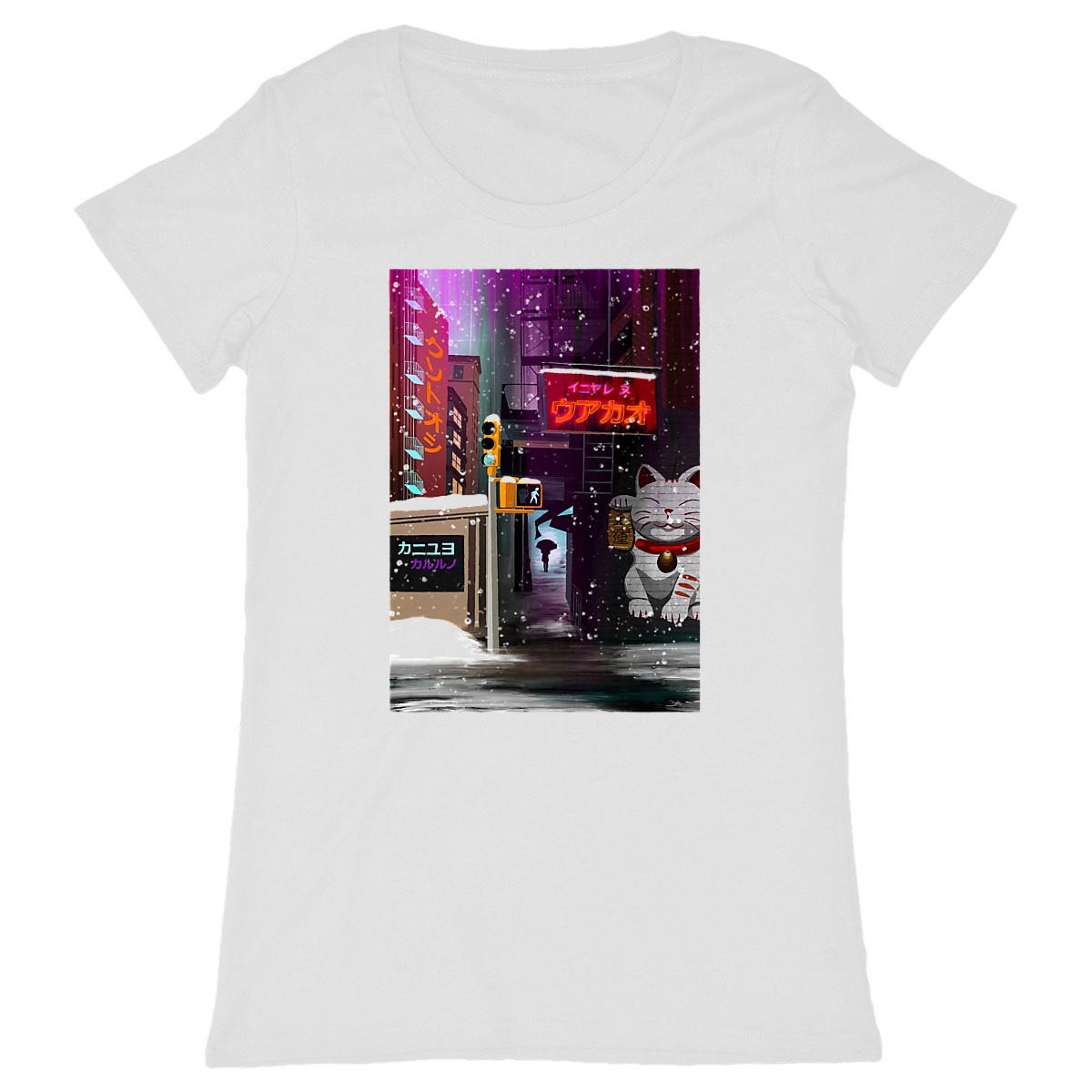 Image front T-shirt motif ville colorée japonaise sous la neige