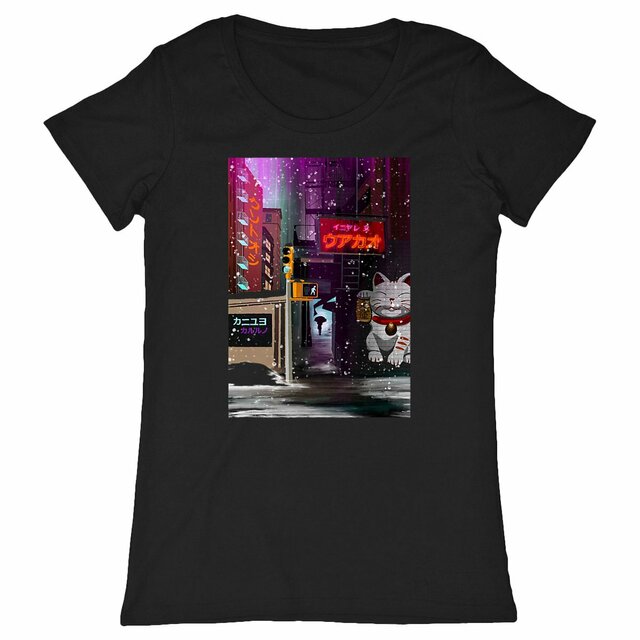 Image back T-shirt motif ville colorée japonaise sous la neige