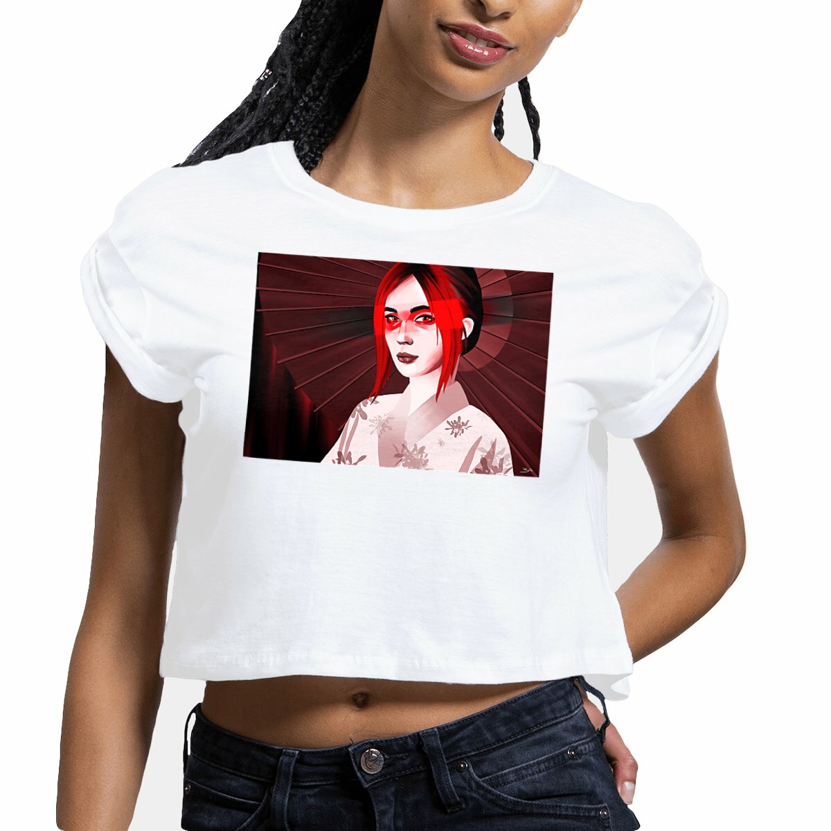 Image front Crop top Femme au motif géisha rouge